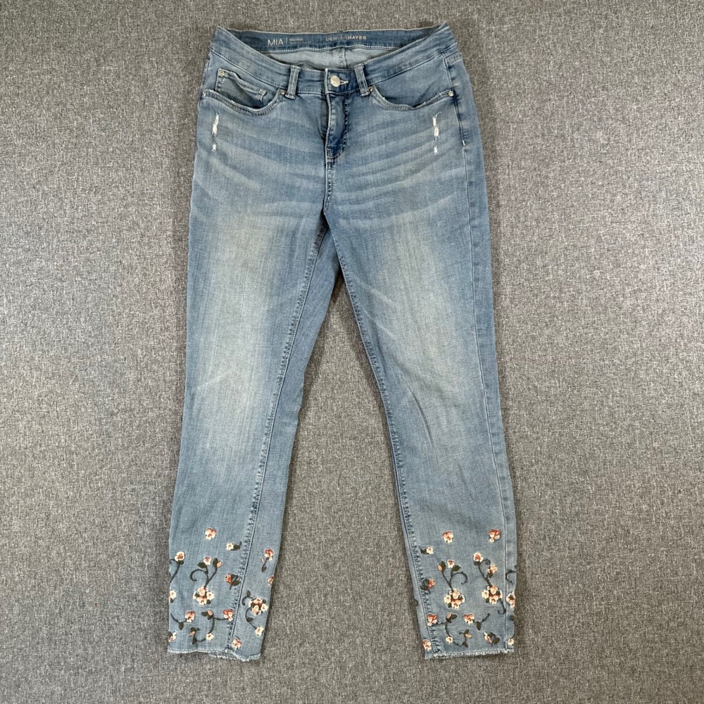 Denver Hayes Jeans Womens 10 Mia Blue Floral Embroidered Raw Hem Skinny Denim